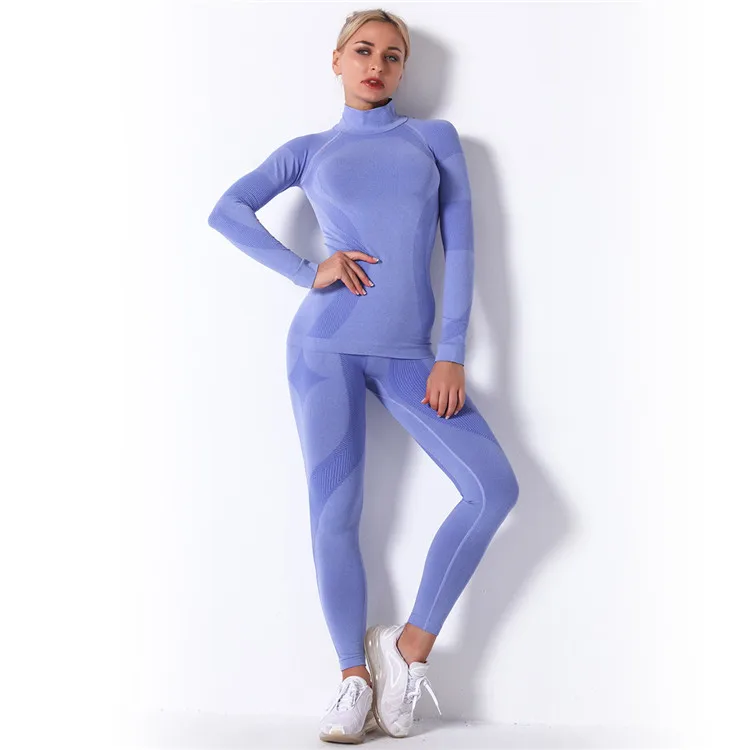 

2 Piece LongSleeve Tops High Waist Leggings Seamless Knitted Striped Gym Sport Yoga Sets Dry Fit Sportswear, 5 colors