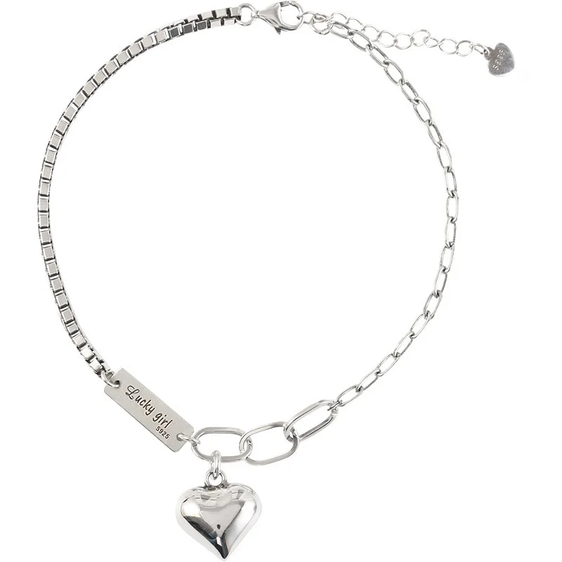 Korea 925 Sterling Silver Heart Bracelet Female Retro Thai Silver square Letter Bracelet Simple Jewelry