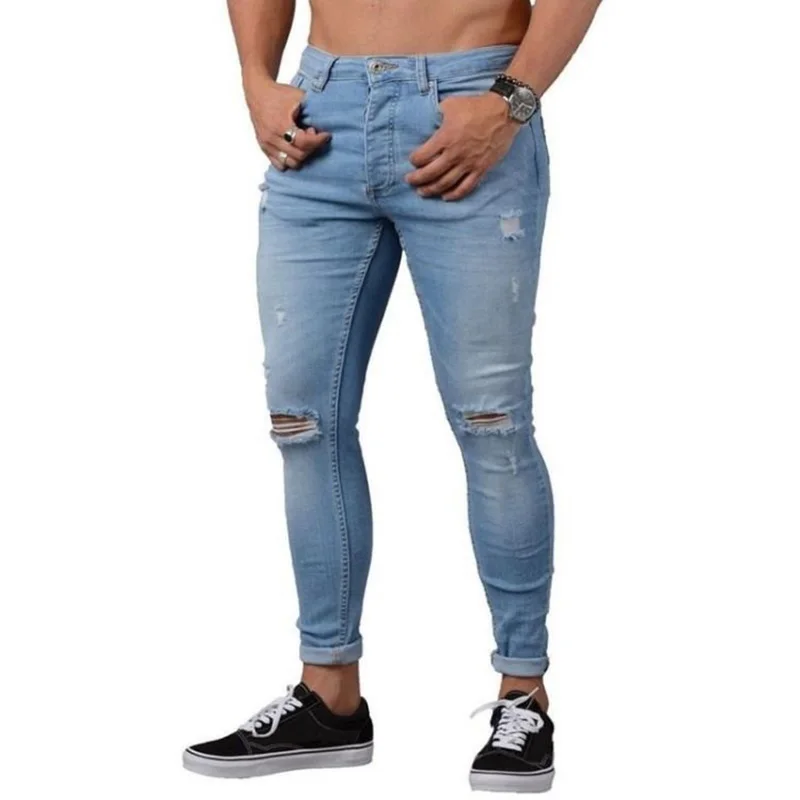 

Men's European and American street style jeans slimming ripped skinny jeans