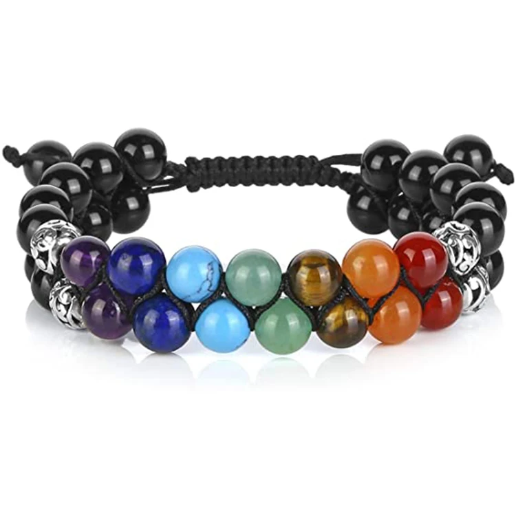 

Low MOQ Lucky Beads Bangle Chakras Healing Crystals Bracelet Beaded Bracelets for Women, Black - 7 chakra black agate bracelet