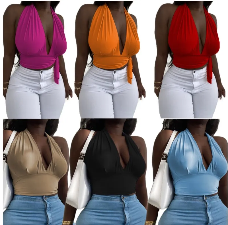 

Sexy Halter Vest Extra Small Clothing Waistless Small Deep V-neck Blank Crop Top T Shirt Sling Slim-fit Halter Crop Top Women