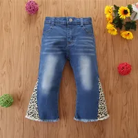 

Fashion 2020 New Toddler Girl Washed Flared Jeans Children Girl Leopard Patchwork Denim Bell-Bottoms for 2-6T