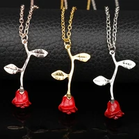 

Valentine's day necklace jewelry gold plated red color rose flower pendant necklace of beauty and the beast for Women girls gift