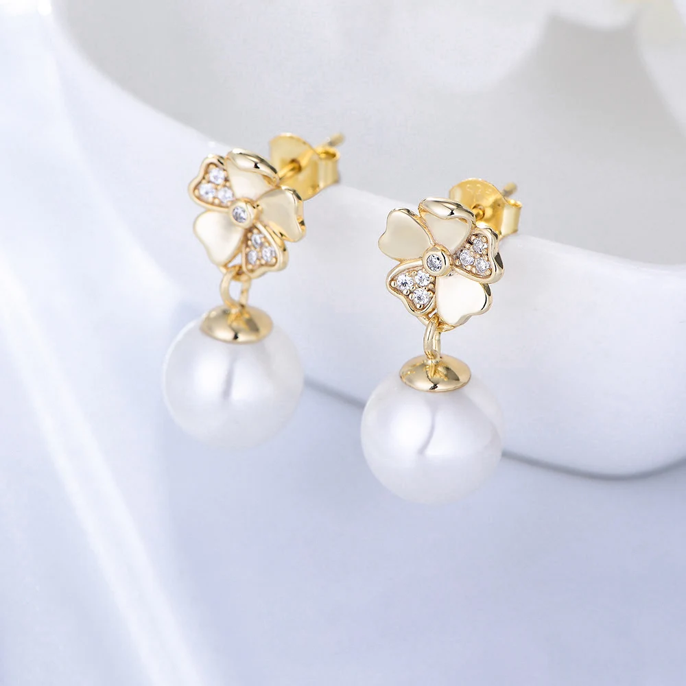 Classic Mom Gift Flower Single Shell Pearl Psj 925 Sterling Silver 14k Gold Plated Cubic Zircon Drop Down Earrings for Women