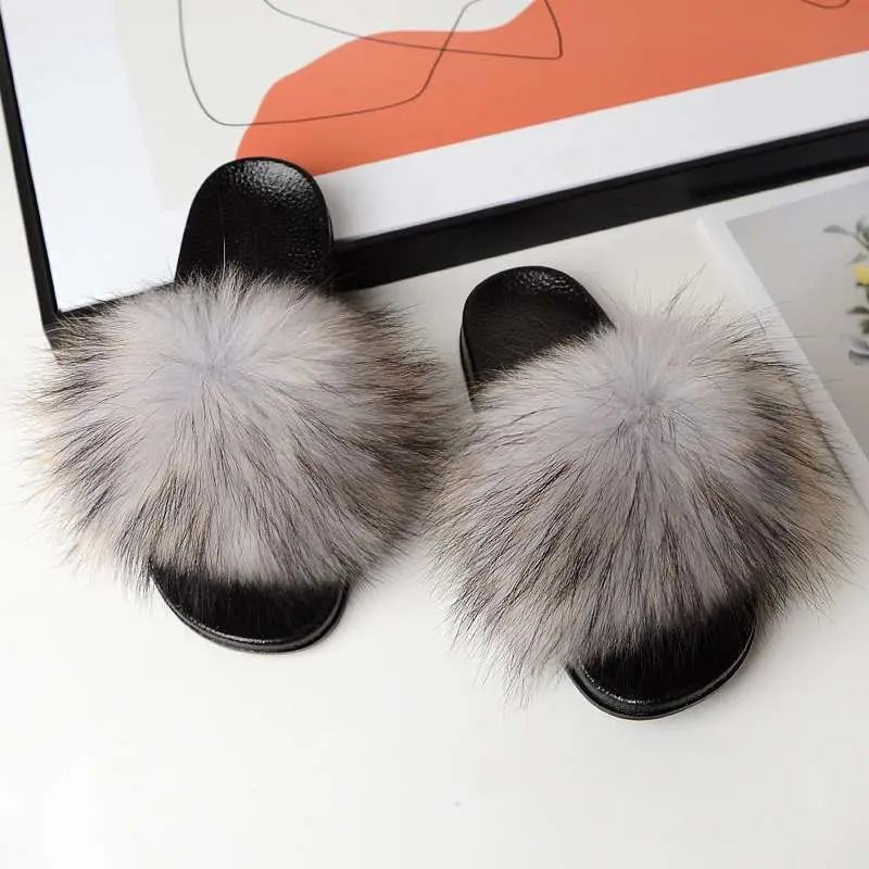 

Factory direct wholesale 2021 new fashion household fur slippers, fluffy raccoon hair leather slippers for ladies, Customized color