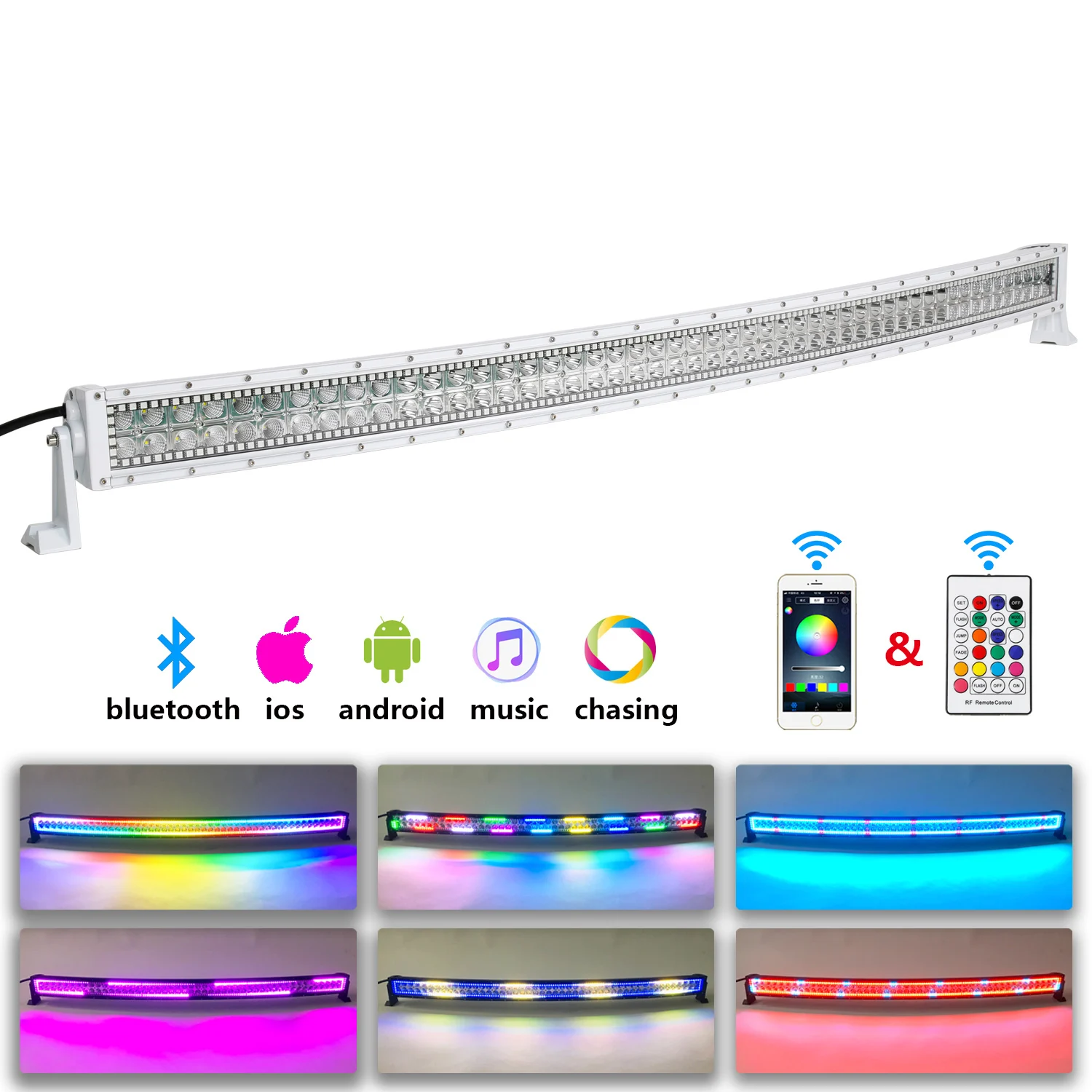 Nicoko White Housing Led Light bar 300w Curved RGB Chasing Halo 52inch 10 Solid Color Over 72 Flashing Modes Led Outdoor Light
