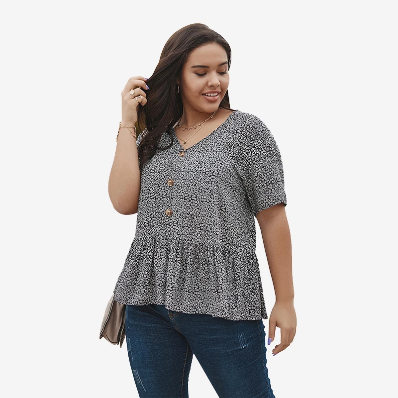 

2021 hot sale summer casual floral print short sleeve plus size women blouse tops women's clothing, Customized color