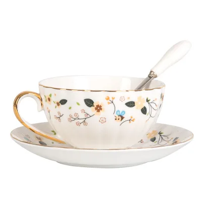 

american pastoral style ceramic bone China coffee cup and saucer set for black tea afternoon teacup & flower cup with gold rim, White