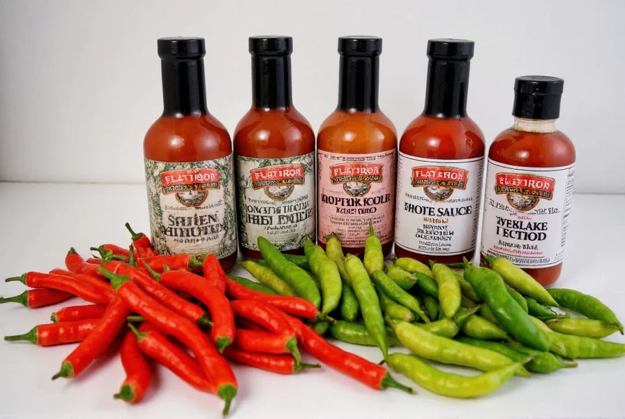 Assortment of Flatiron Pepper Co products including fresh peppers and bottled hot sauces