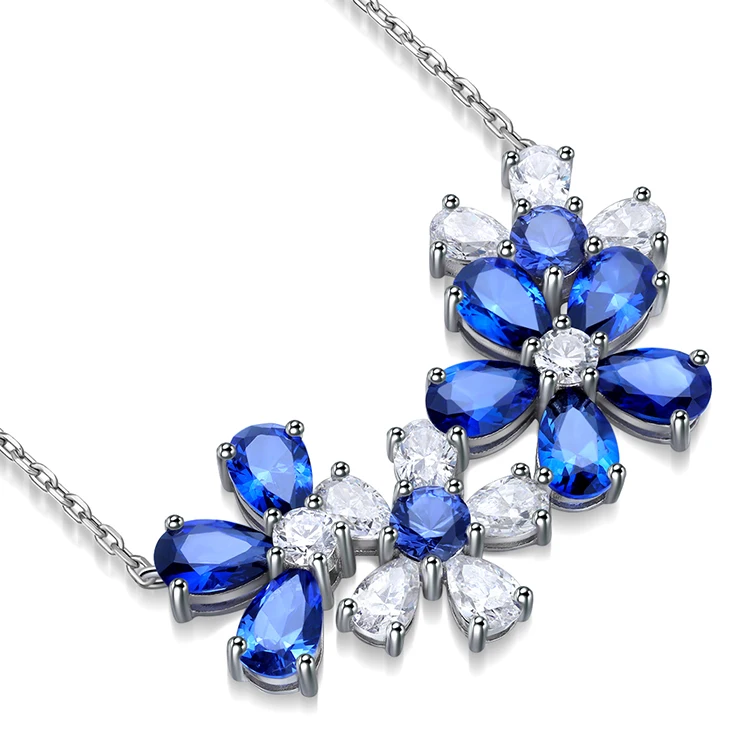 

925 Sterling Silver White Sapphire Wedding Jewelry Blue Sapphire Flower Shape Pendant Necklace