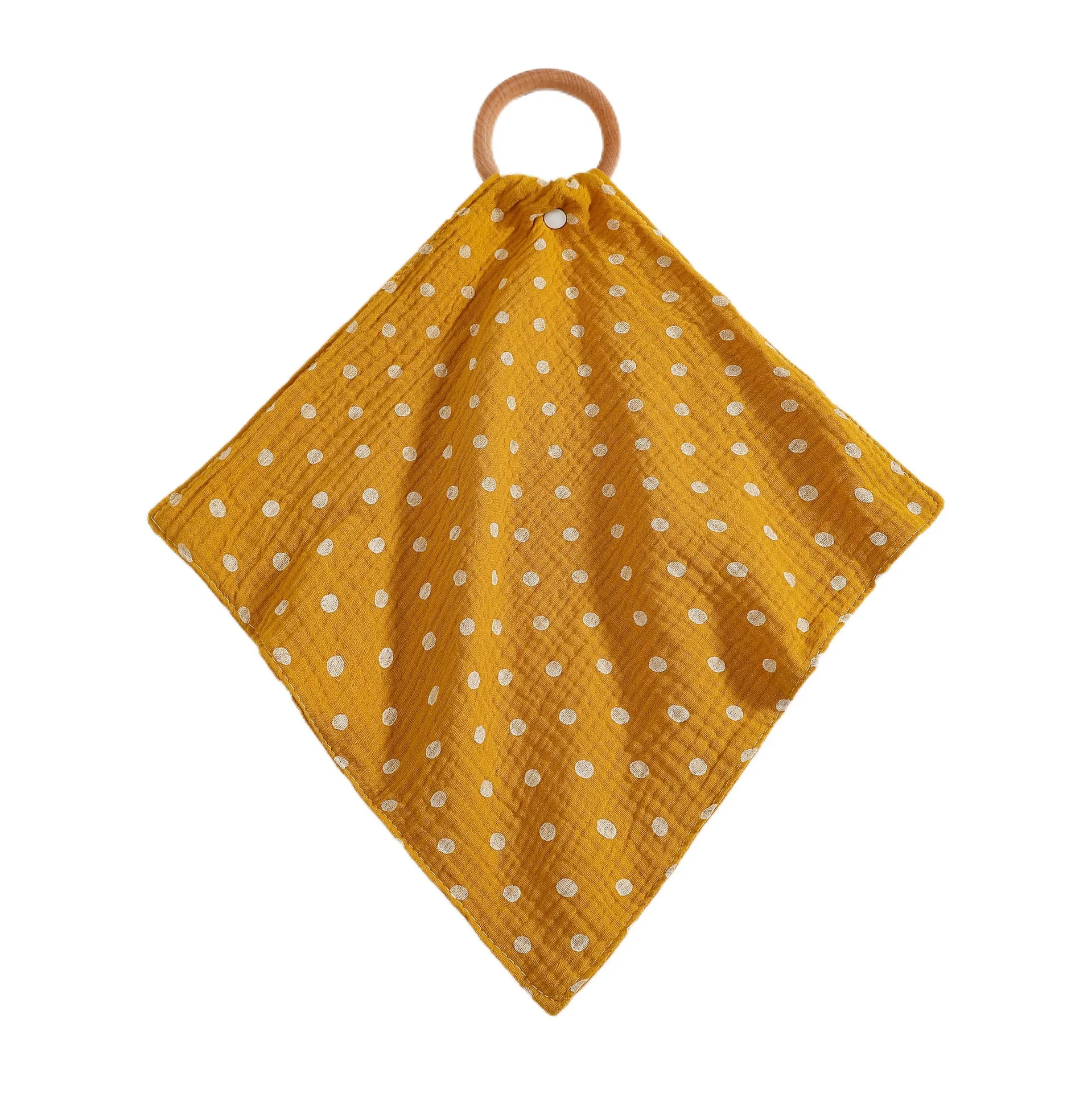 

Muslin 100% Organic Cotton Baby Security Blanket Face Wash Cloth with Wood Ring Soft Soother Blanket Towel for Newborn baby