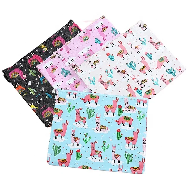 

Low MOQ cartoon print women cosmetic bag cute alpaca envelope black makeup bag