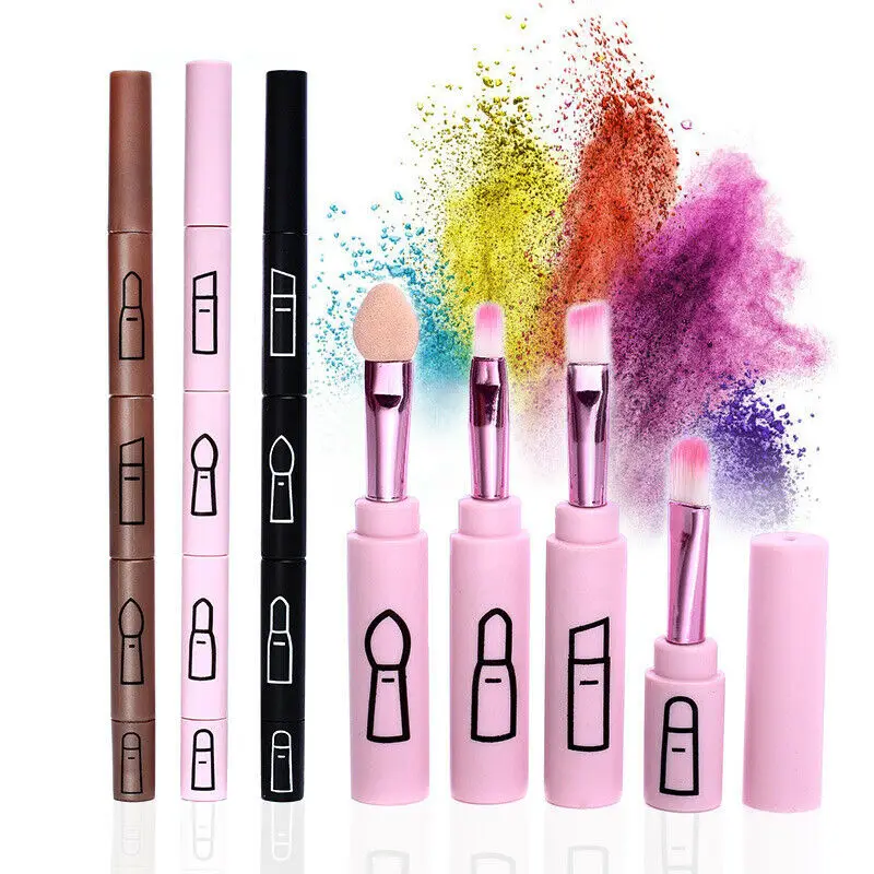 

J42 4 in 1 New Multifunctional Portable Retractable Miniature Cosmetics Foldable Eyebrow Eyeshadow Makeup Brush Set, Pink/coffee