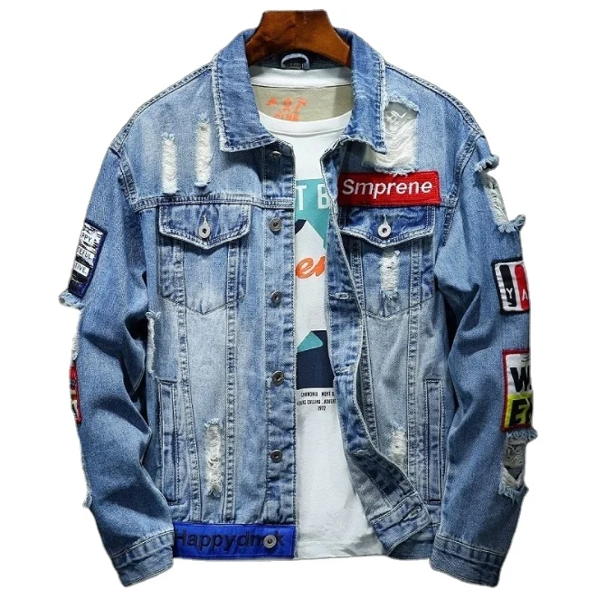 

Fashion high quality embroidered patch jeans jacket for men blue and black ripped jaket men