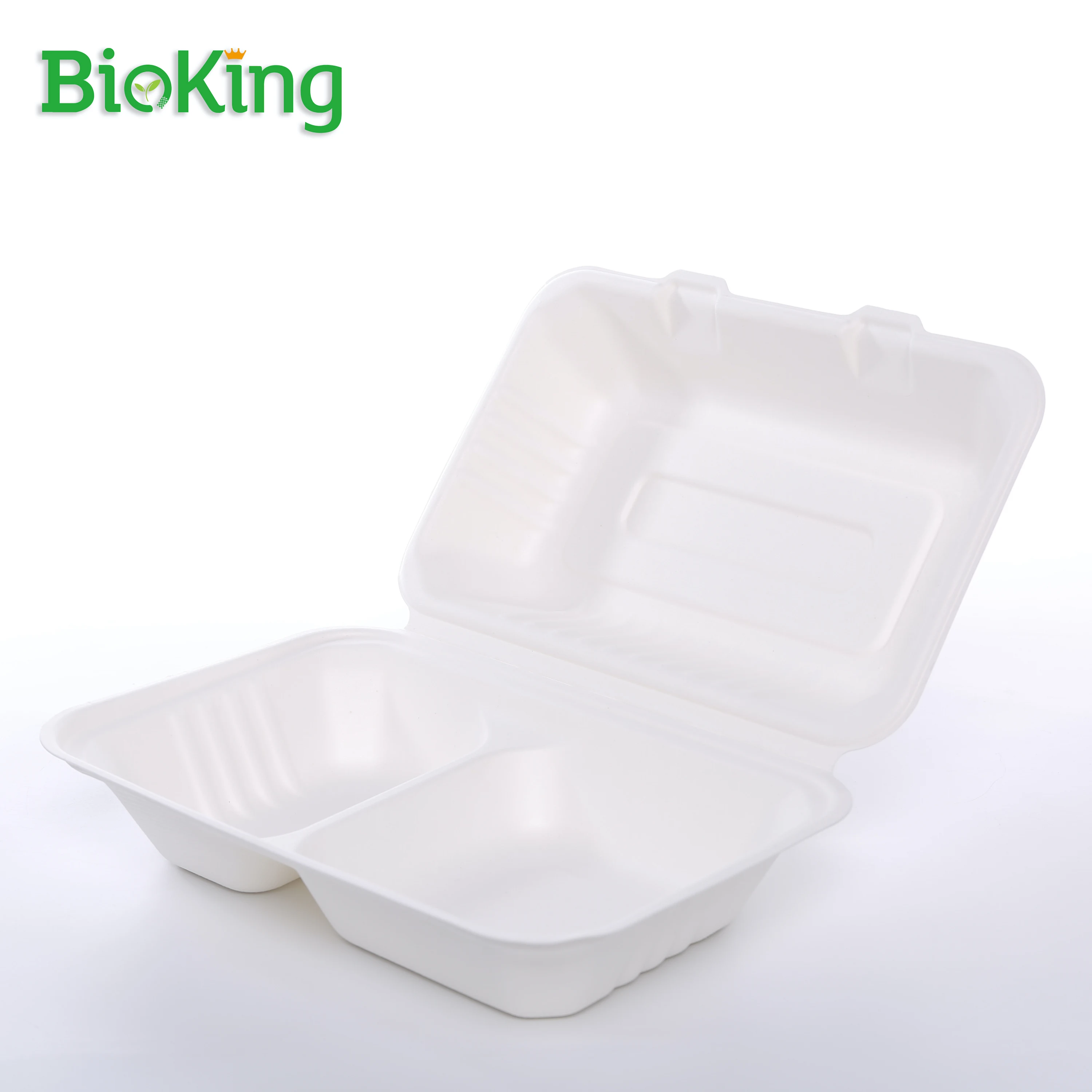 

BioKing Best selling biodegradable packaging food container packing takeaway 9x6 disposable clamshell, Bleached;natural