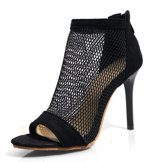 

Large size  women high heel summer boots sandals fishnet mesh fashion dress stiletto black open tot booties pumps