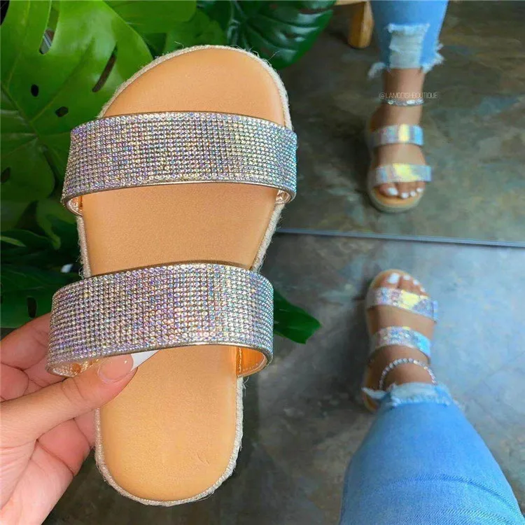 

2021 Rhinestone Sandal Women New Factory Custom Logo Ladies Rhinestone PU Sandal Women Flat Outdoor Slides