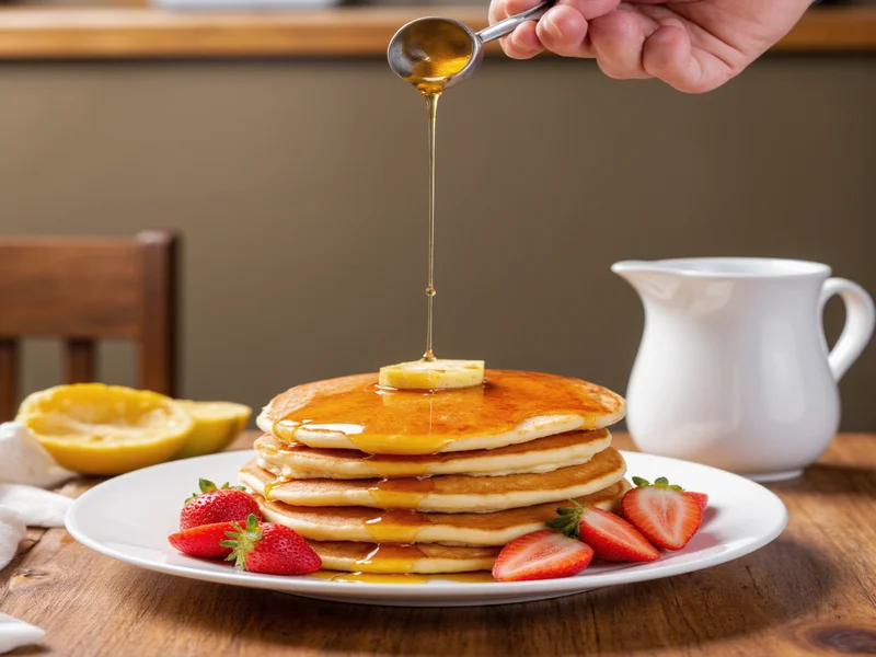 Homemade syrup pouring over pancakes