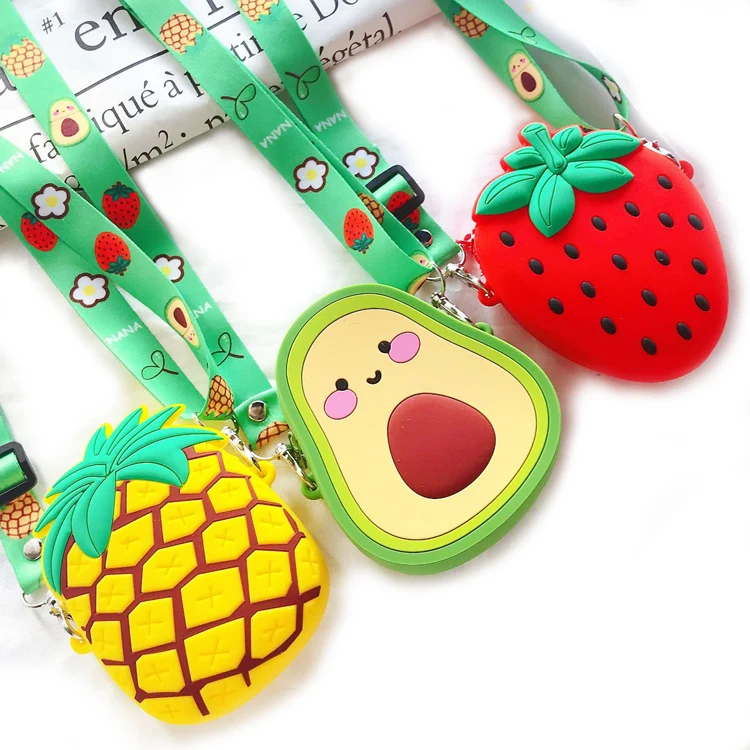 

Waterproof cute cartoon fruit soft silicone rubber wallet pouch coin purse with crossbody strap, Multiple colors