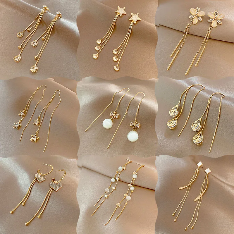 

Korean 925 Silver Needle Hypoallergenic Long Tassel Pearl Butterfly Stud Earings Women Girl Heart Bow Dangle Earrings for Party