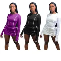 

9S04271 best design solid long sleeve side stripe mini skirt club Clothing Women Two Piece Sets