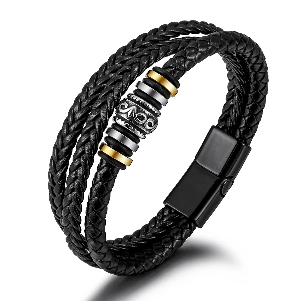 

Fashion Men Punk Braided Black Handmade Magnetic Clasp Braided Mens Leather Bracelet