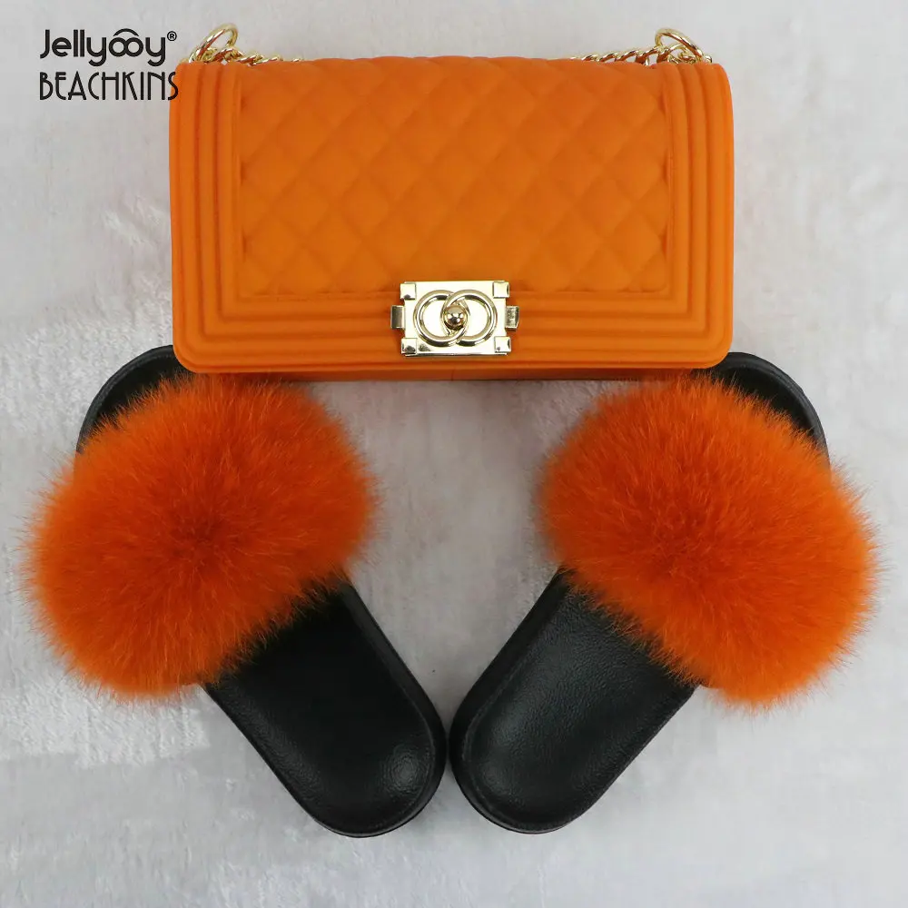 

Jellyooy BEACHKINS PVC Matte Jelly Bags With Fox Fur Slippers Sets Purse Bag Match Fur Slides Sandals Sets, Many colors