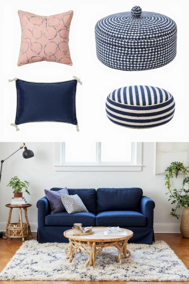 Navy blue throw pillows on a neutral sofa