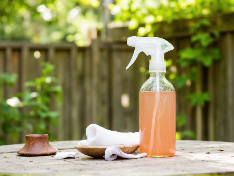 Vinegar salt soap mixture in spray bottle on garden table