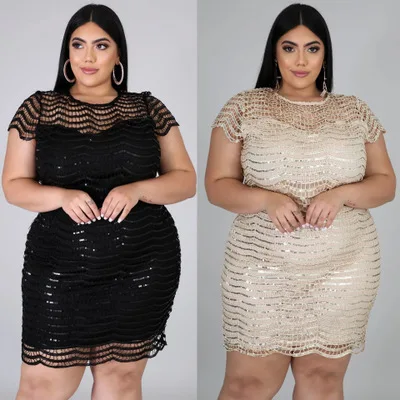 

F11167A Amazon's cross-border hot nightclub party fashion sequins plus-size dresses, Black / apricot