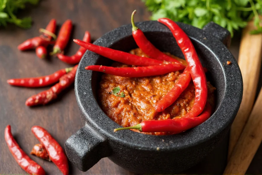 Traditional Indonesian cobek mortar with fresh red chilies and sambal oelek paste showing texture difference
