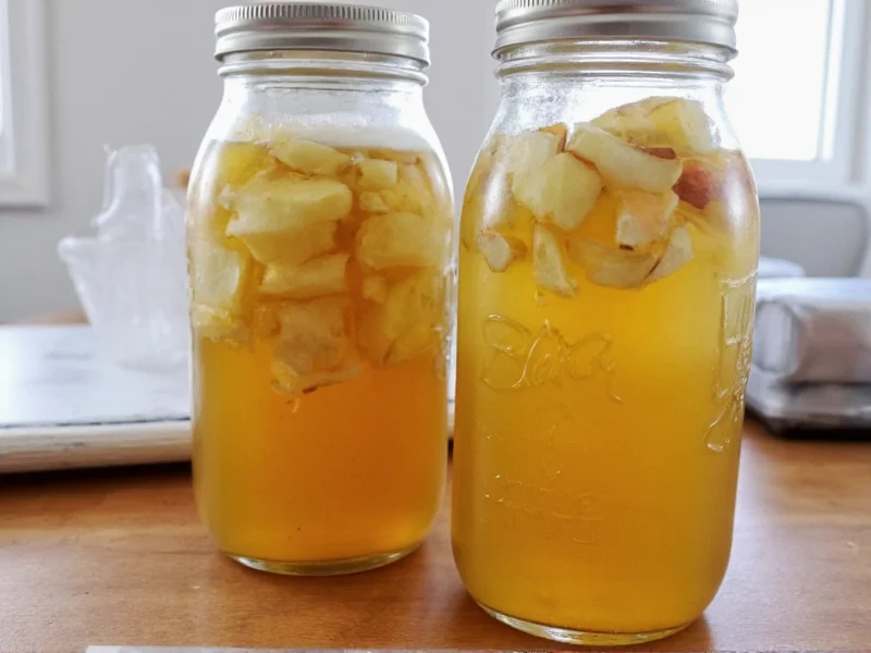 Glass jar fermentation setup with apple scraps and sugar