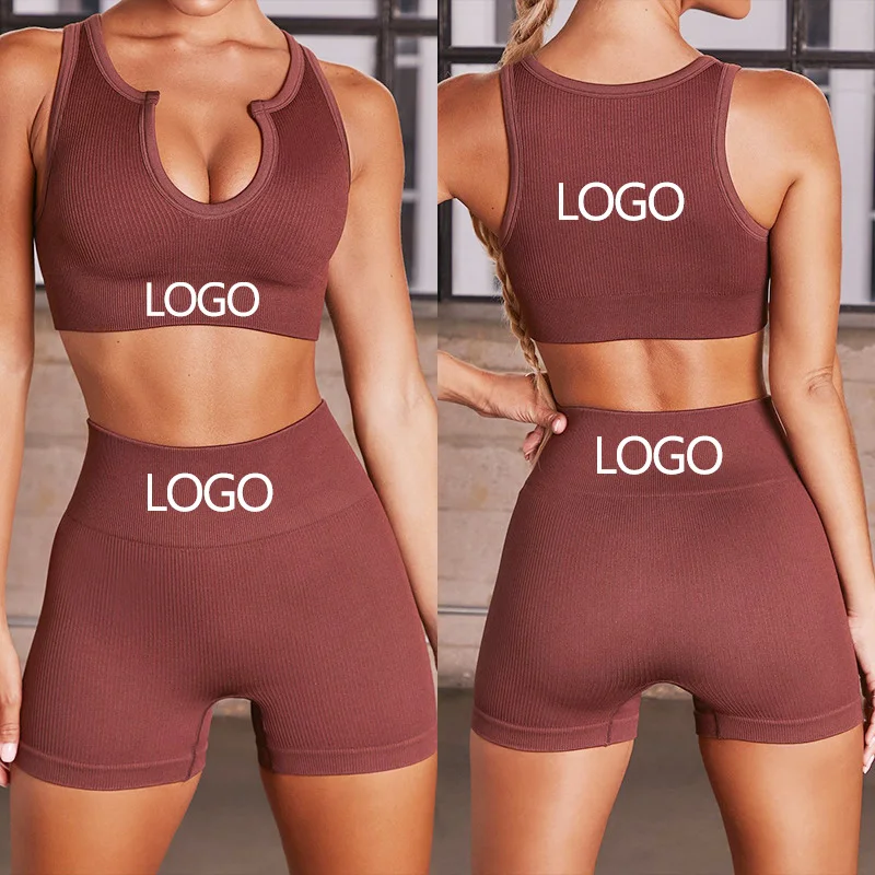 

Hot Selling Ins High Waist Rib Seamless Gym Sport Bra Fitness Yoga shorts Sets, Customized colors