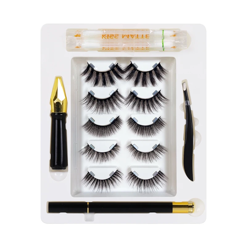 

2021 hot selling faux mink magnetic lashes 5 pairs magnet lashes with eyeliner applicator set, Natural black