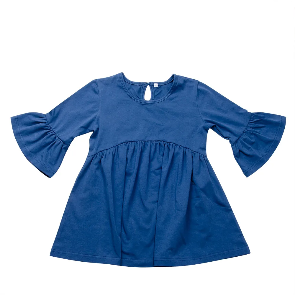 

Girls Kids Wear Cute Bell Sleeve Knitted Dress Key Hole Solid Dark Blue Cotton Dress for Toddlers, Customized color