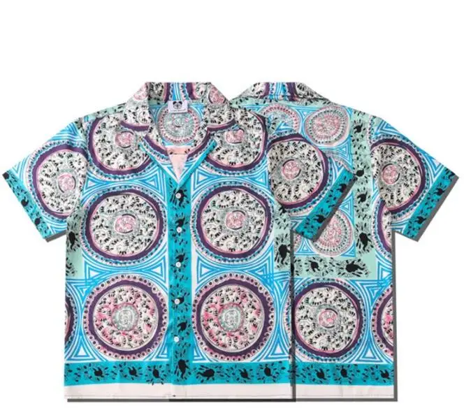 

2022 Fashion New Aqua Blue Printed Shirt Summer Leisure Beach Short Sleeve Shirt
