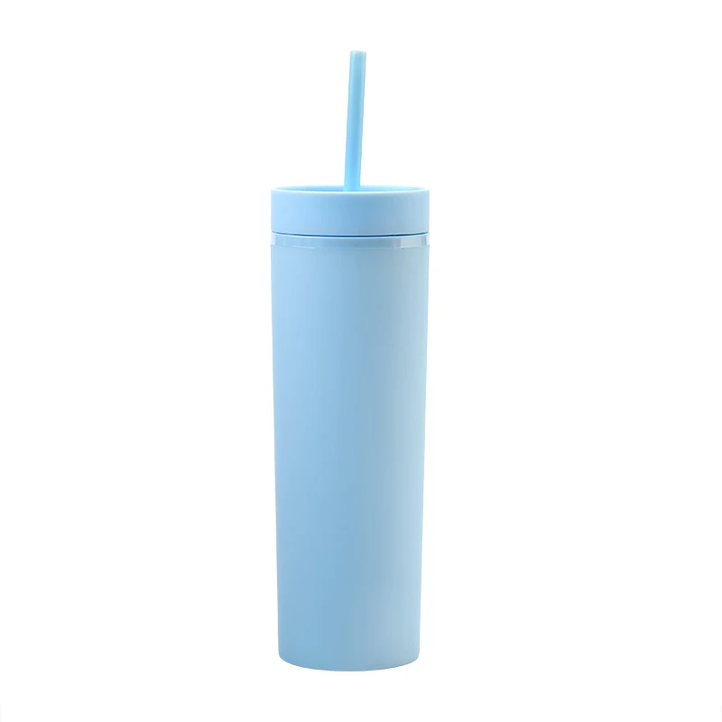 

450ml Blue Color Acrylic Double Wall Plastic Water Bottles With Custom Logo Plastic Straw Bulk Sublimation Blanks Skinny Tumbler, Customized