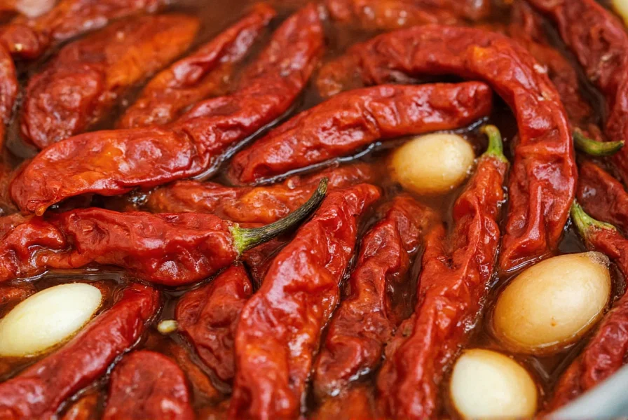 Close-up of dried guajillo peppers being rehydrated in hot water with garlic cloves and onion