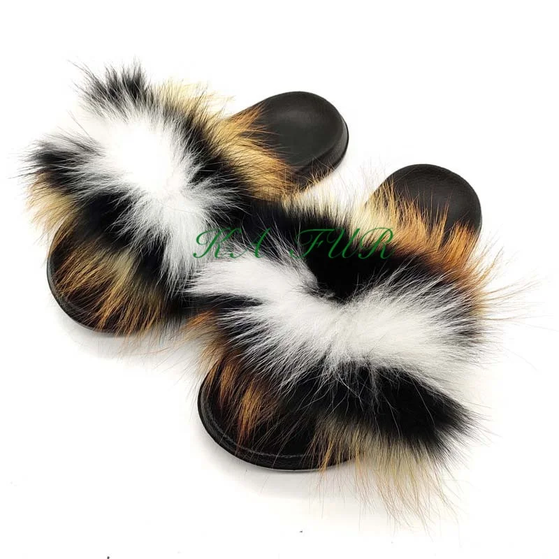

Luxury and fashion new style comfortable puffy custom logo fur slippers