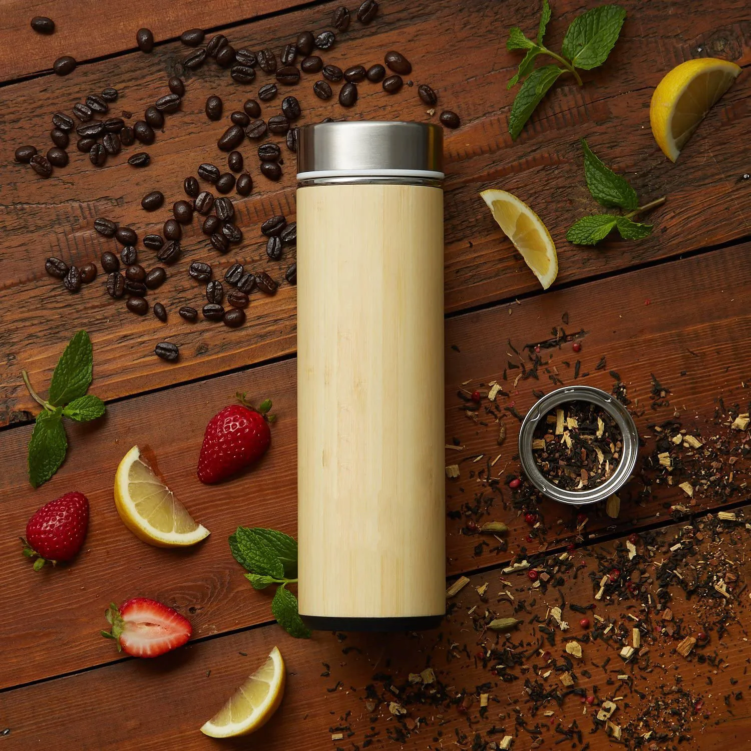 

500ml/17oz Natural Stainless Steel Bamboo Water Bottle Vacuum Insulated Infuser Bamboo Thermos