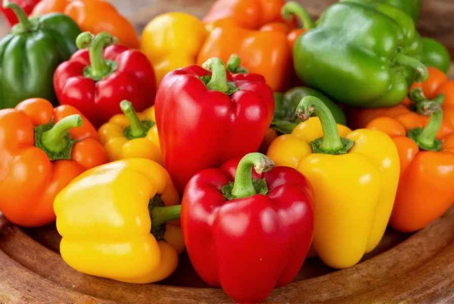 Colorful array of bell peppers in red, yellow, green, and orange varieties arranged on wooden table