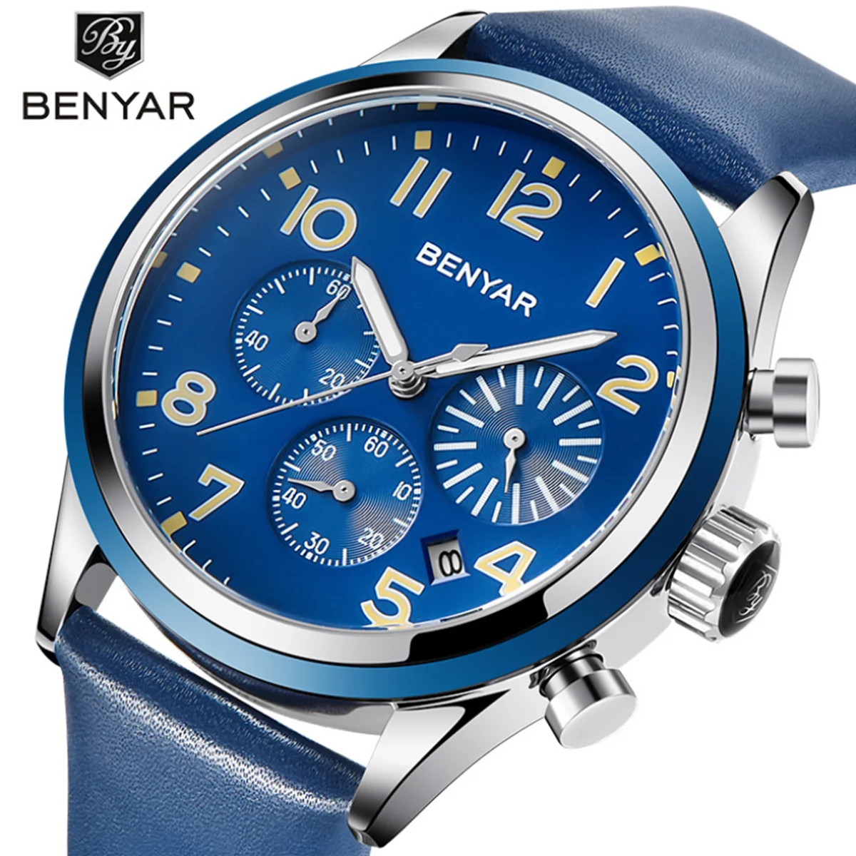 

custom stainless steel chain wrist watch benyar 5138 Orologio da uomo large arabic numbers cheap business chronograph watches