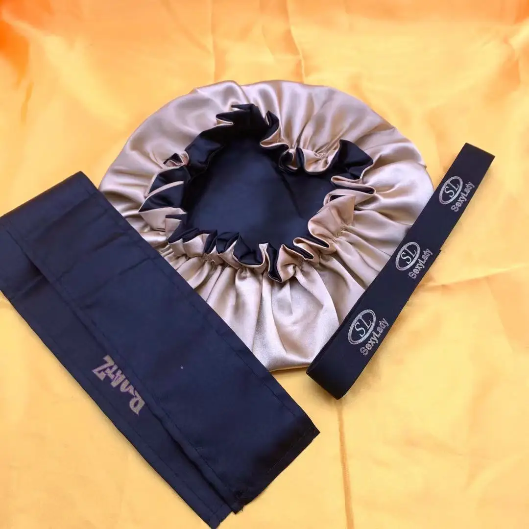 

free sample free logo elastic wig wrap band bonnet long band head wrap silk bag with logo, Custom color