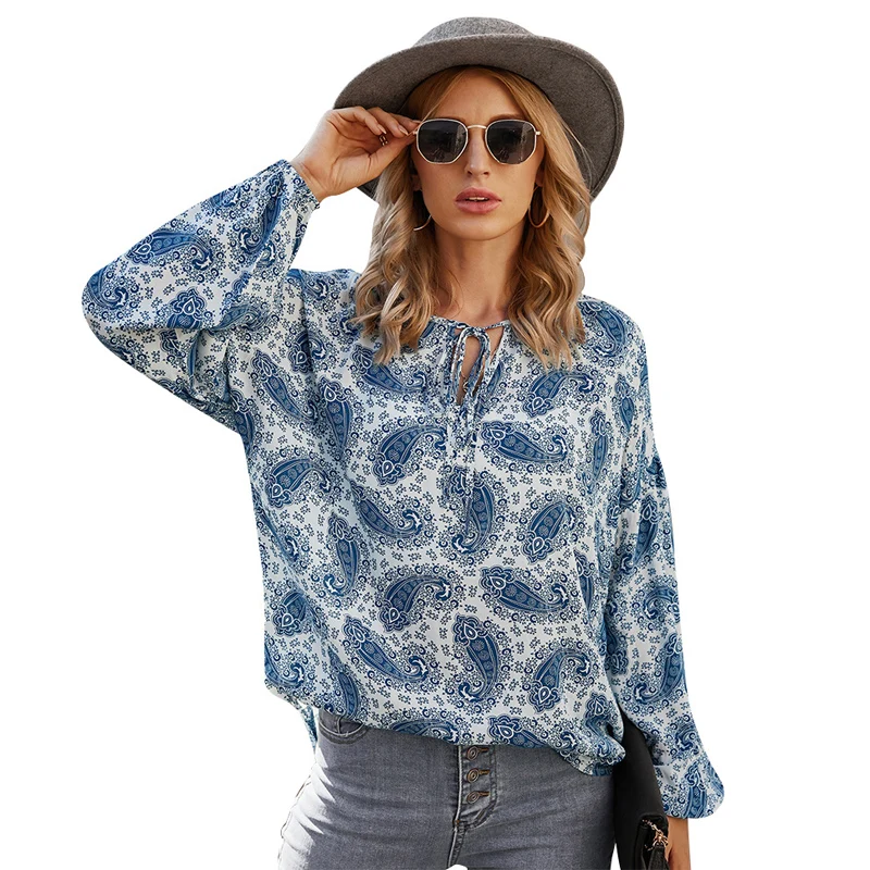 

2021 Spring Summer Womens Boho Crop Tops Print Blouse Women Beach V neck Sexy Tie Blouses Elegant Tops