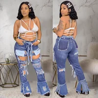 

Blue Denim Zipper Fly Mid Solid Hole Straight Pants