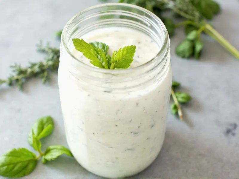 Creamy homemade ranch dressing in mason jar with herbs