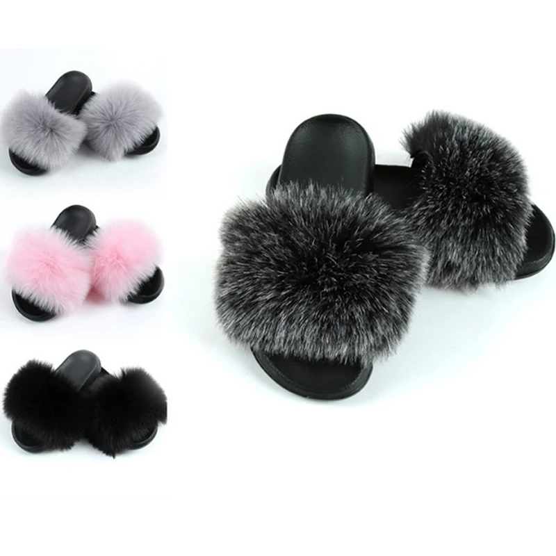 

New Fashion Faux Fox Fur Slippers Outer Wear Fur Slippers For Women, Picture
