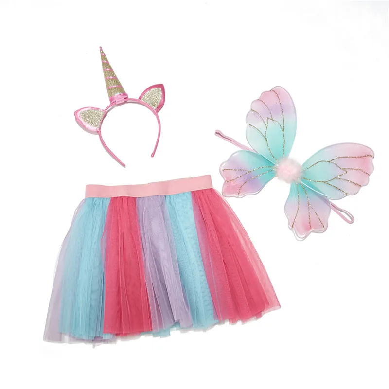 

Kids Summer Tulle Girl Princess Children rainbow Unicorn Tutu Skirt Set With Cat Ear Headband And Butterfly Wings