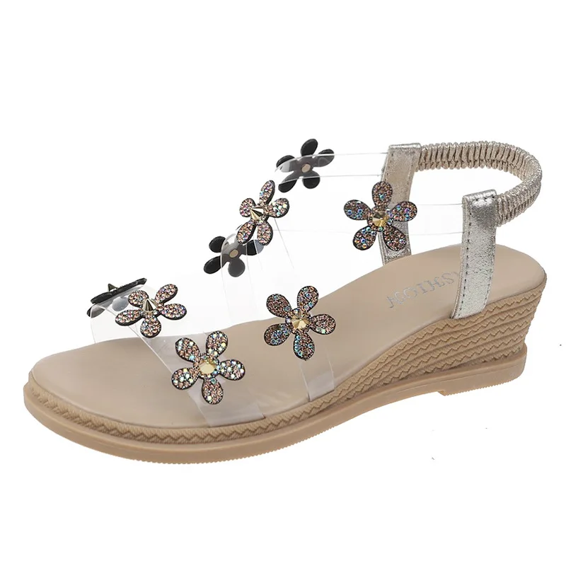 

Factory Sale Beach Outside Casual Womens Sandals Trendy Rhinestone Flowers Transparent Ankle Wrap Anti-odor Wedge Sandals Shoes