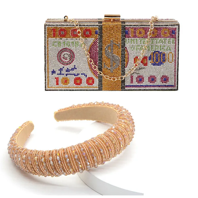 

Luxury Glitter Bling Rhinestone Headband Party USD Dollar Crystal Diamond Money Clutch Purse Handbag, White/red/black/yellow/green/pink